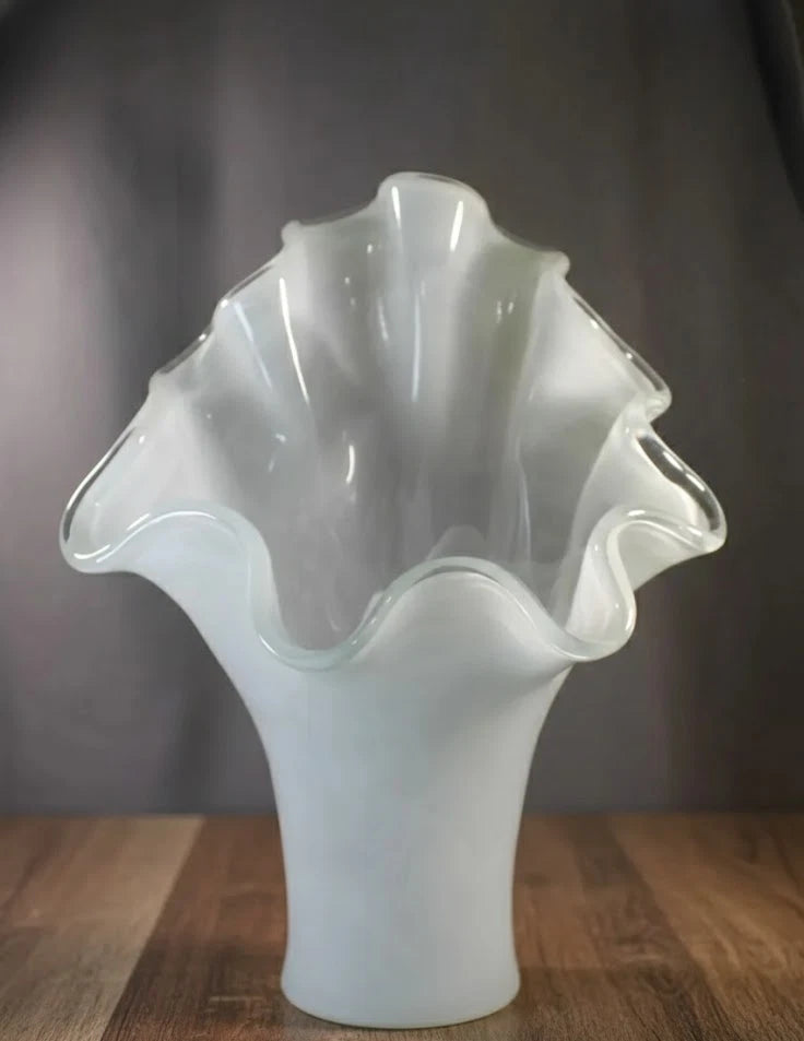 Murano Hand Blown White Opaline Art Glass Vase 17" Petal Rim Italian Centerpiece