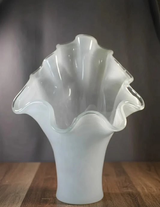 Murano Hand Blown White Opaline Art Glass Vase 17" Petal Rim Italian Centerpiece